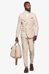 Cream double-breasted pinstripe suit jacket