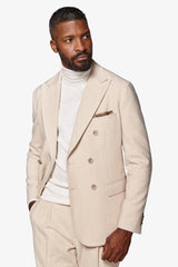 Cream double-breasted pinstripe suit jacket