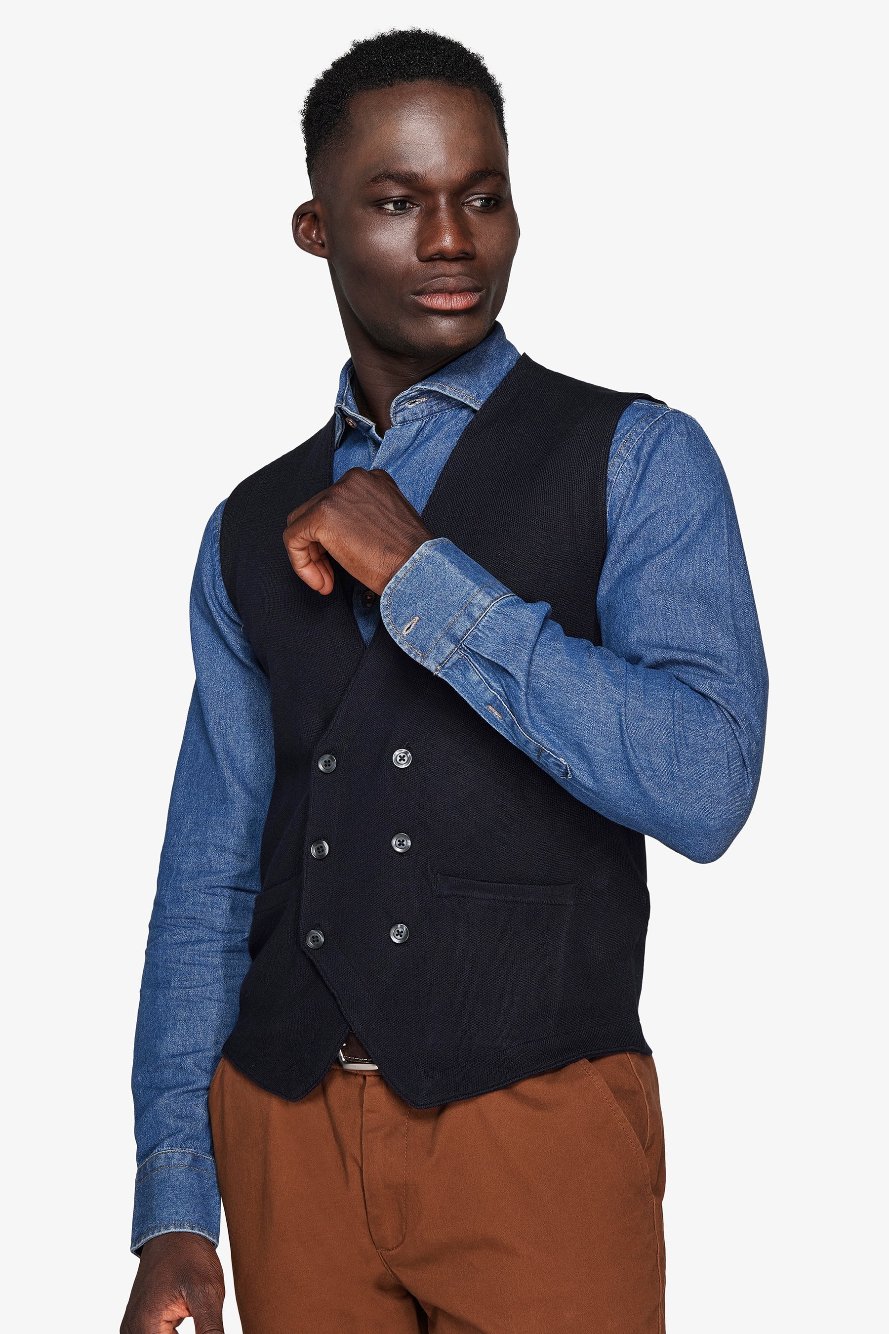 Gilet doppiopetto in maglia basic blu-Dan John