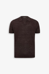 Dark brown open neck knitted polo shirt