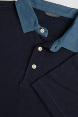 Piqué polo shirt with denim collar