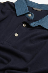 Piqué polo shirt with denim collar