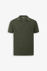 Green open-neck knitted polo shirt