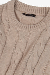 Beige braid and rib crewneck sweater