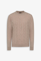 Beige braid and rib crewneck sweater