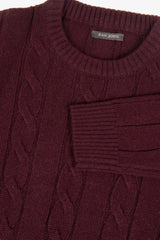 Burgundy braid and rib crew neck sweater