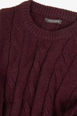 Burgundy braid and rib crew neck sweater