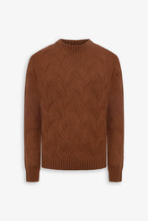 Discontinuous biscuit cable crew neck sweater