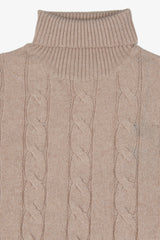 Beige cable-knit turtleneck sweater and flat rib