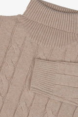 Beige cable-knit turtleneck sweater and flat rib