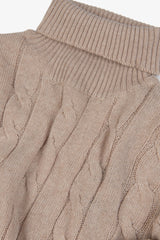 Beige cable-knit turtleneck sweater and flat rib
