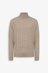 Beige flat rib and cable knit turtleneck sweater