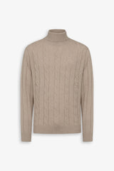 Beige cable-knit turtleneck sweater and flat rib