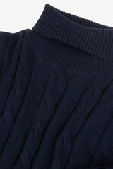 Blue flat rib and cable knit turtleneck sweater