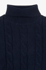 Blue flat rib and cable knit turtleneck sweater