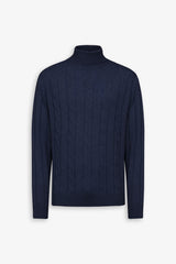 Blue flat rib and cable knit turtleneck sweater