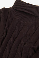 Brown flat rib and cable knit turtleneck sweater