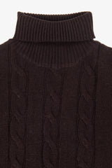 Brown flat rib and cable knit turtleneck sweater