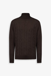 Brown flat rib and cable knit turtleneck sweater