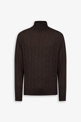 Brown flat rib and cable knit turtleneck sweater