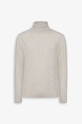 Cream flat rib and cable knit turtleneck sweater