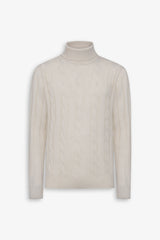 Cream flat rib and cable knit turtleneck sweater