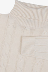 Cream flat rib and cable knit turtleneck sweater