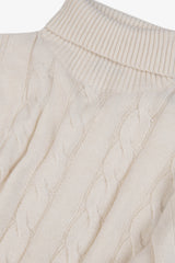 Cream flat rib and cable knit turtleneck sweater