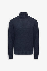 Two-tone blue woven turtleneck sweater
