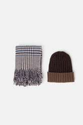 Two-tone dark brown scarf and beanie hat kit
