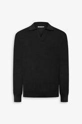 Black open neck knitted polo shirt