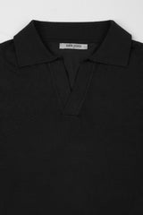 Black open neck knitted polo shirt