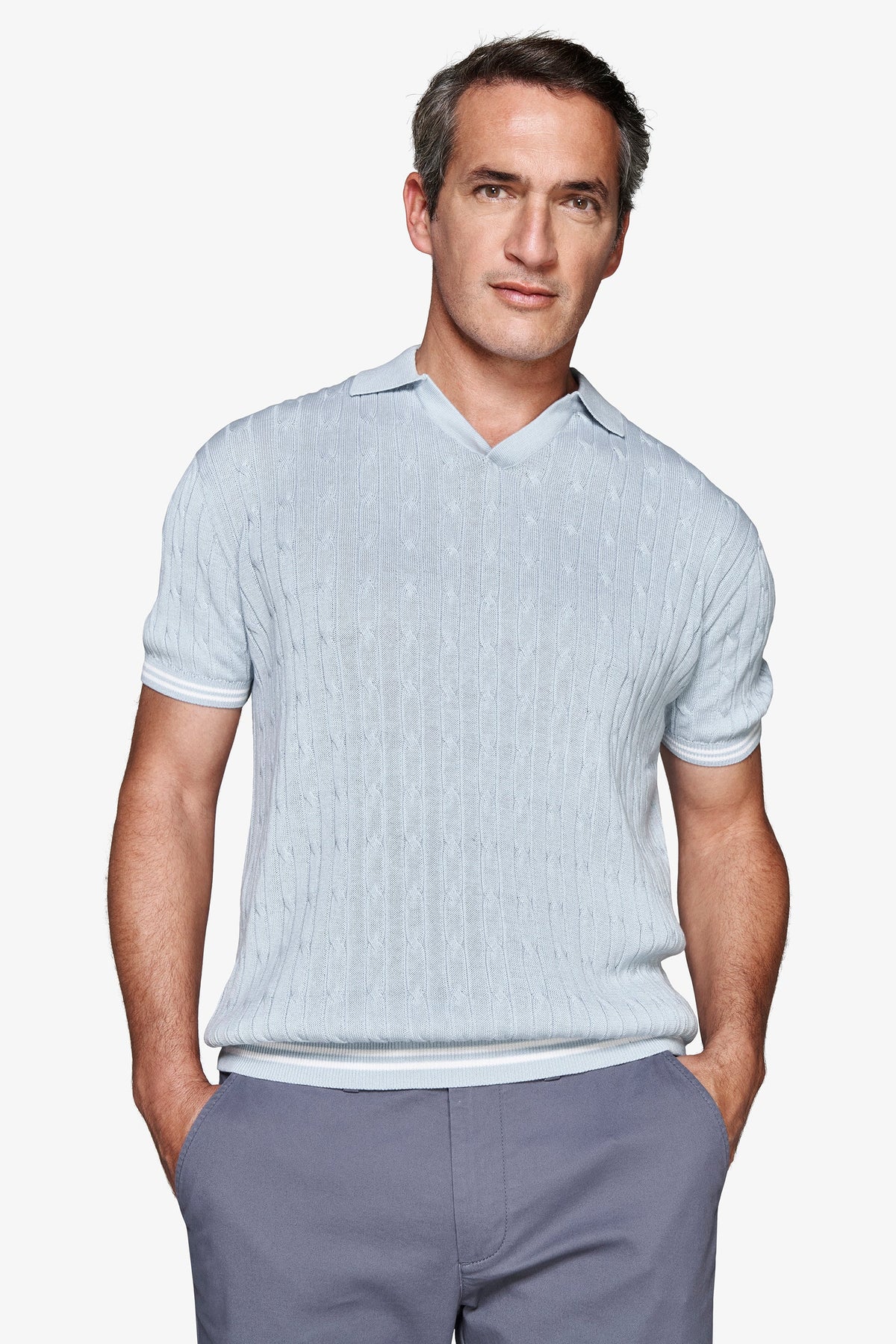 Polo in maglia treccia celeste DNJ-Dan John