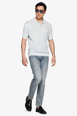 Light blue linen blend knit polo shirt