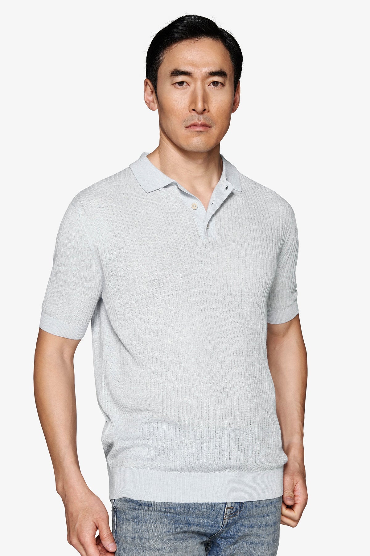 Light blue linen blend knit polo shirt