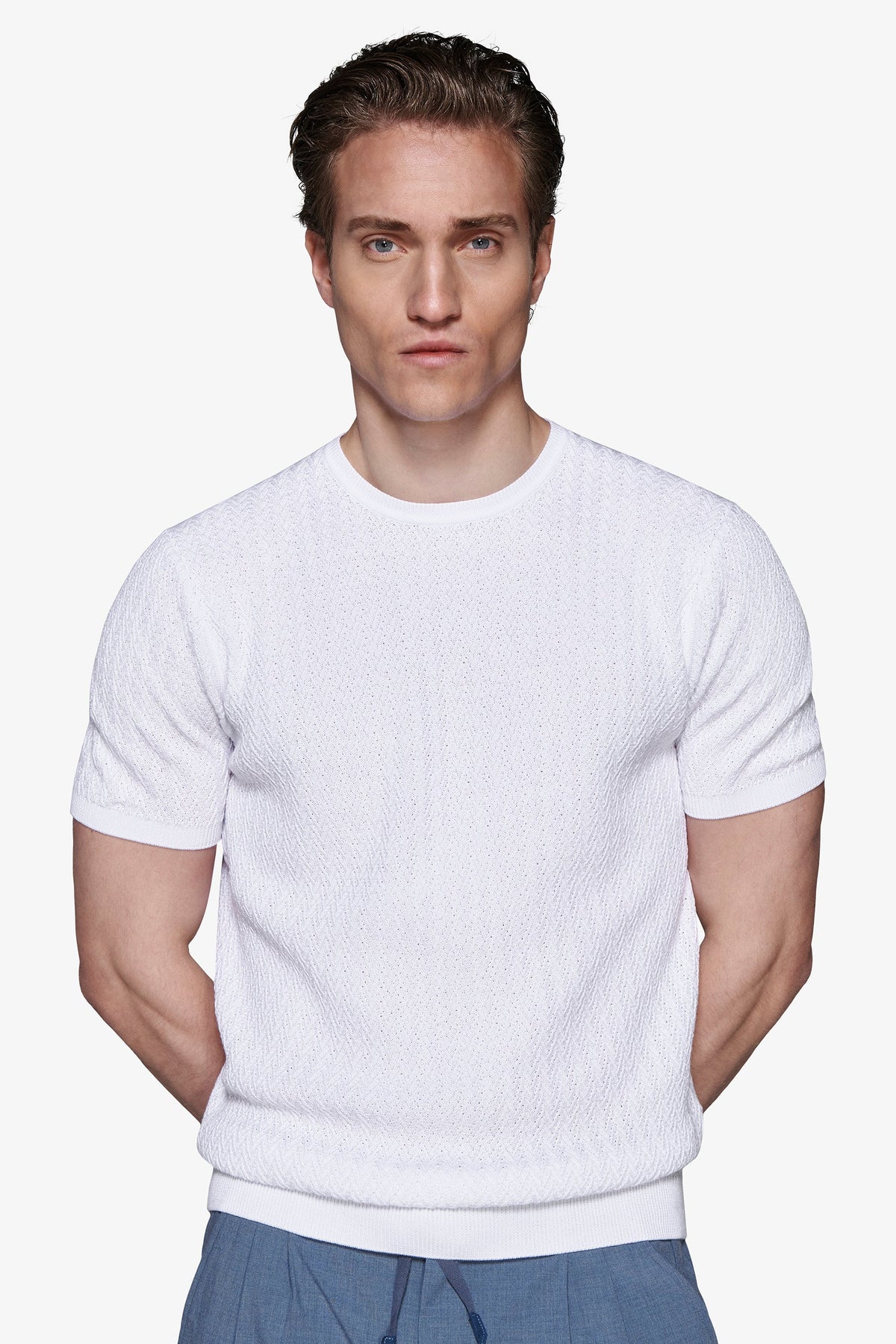 White woven crew neck sweater