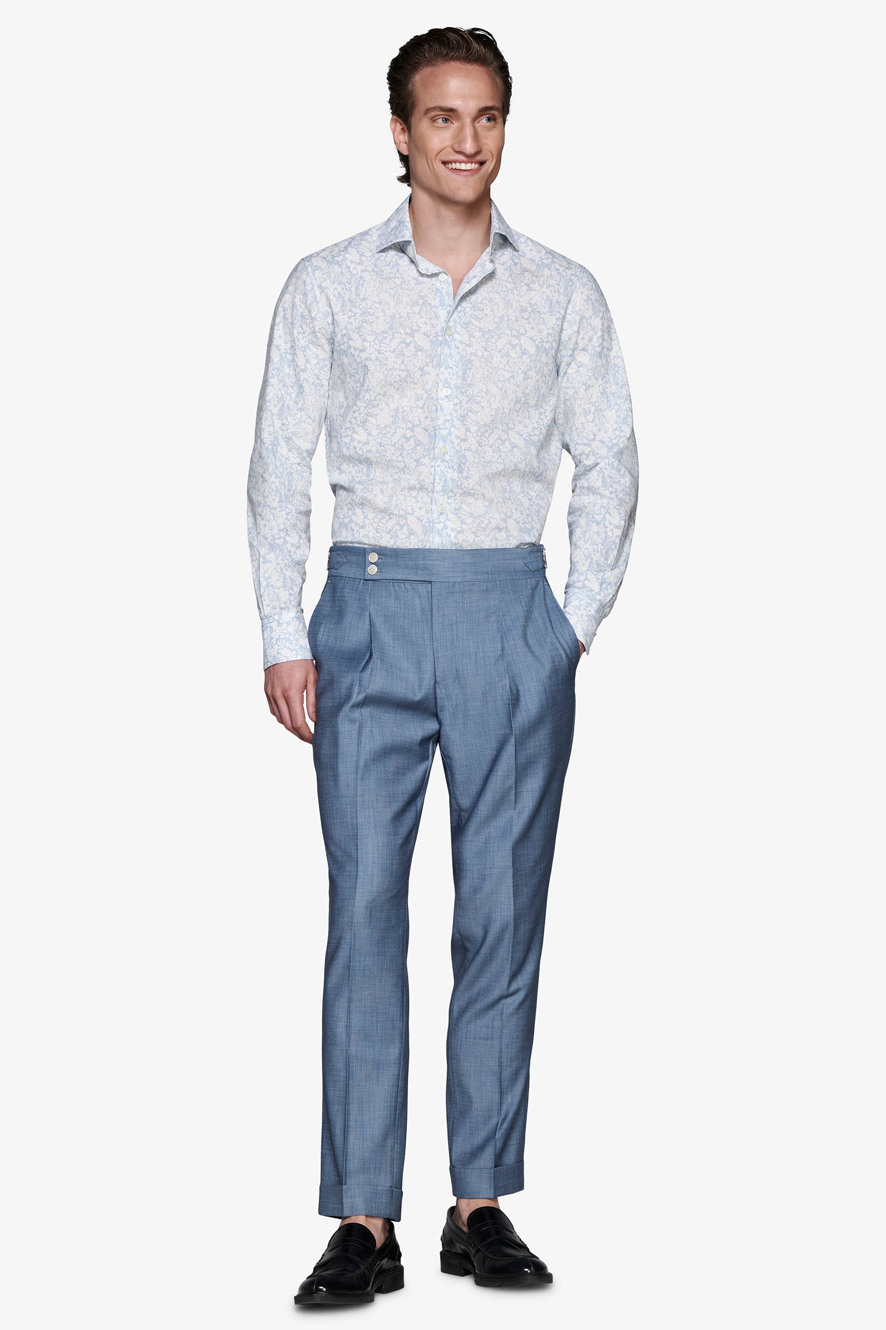 Camicia misto lino stampa fiori celeste-Dan John