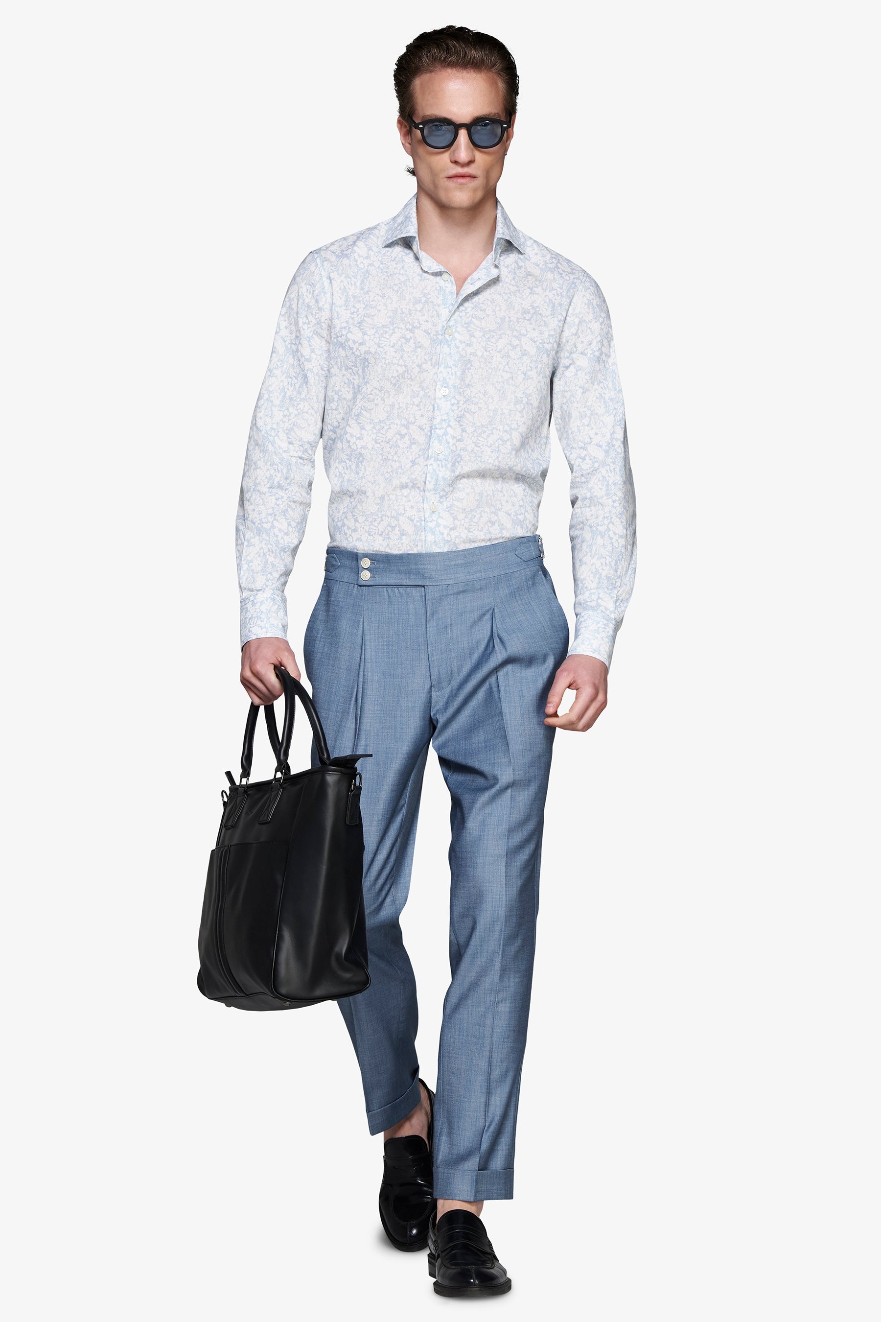 Camicia misto lino stampa fiori celeste-Dan John