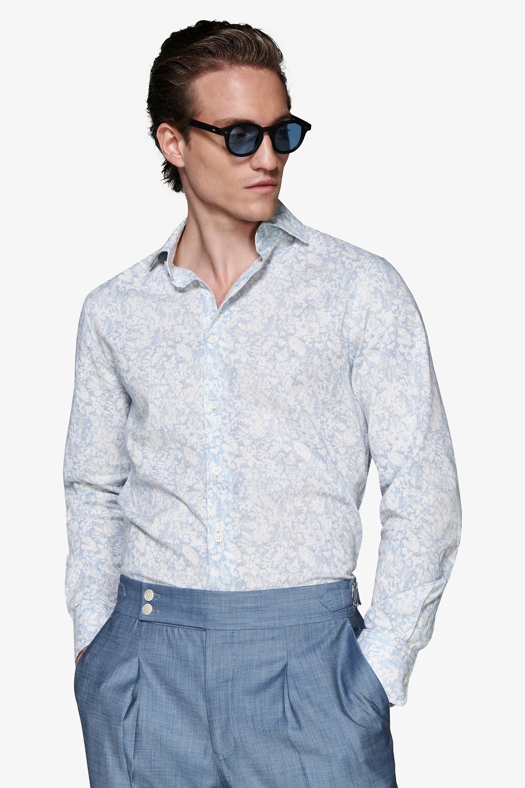 Camicia misto lino stampa fiori celeste-Dan John