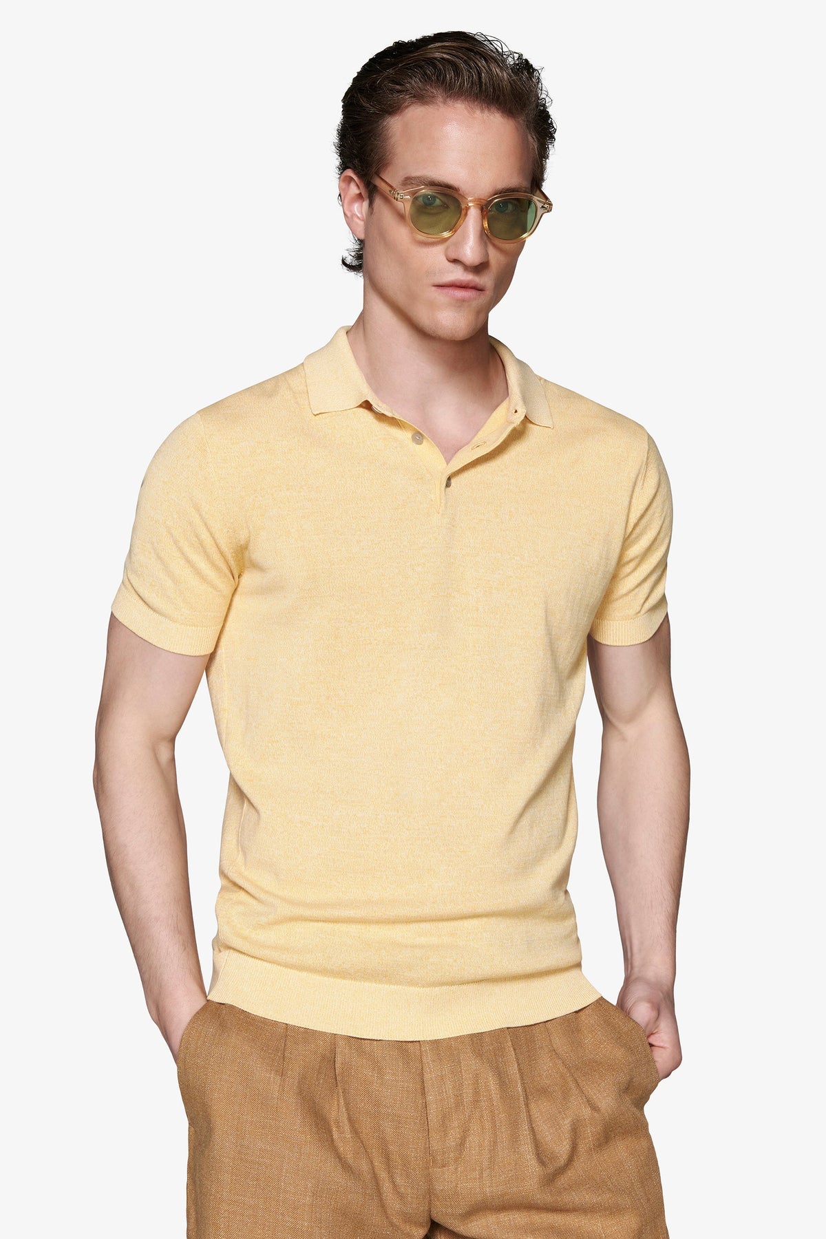 Yellow basic cotton knit polo shirt