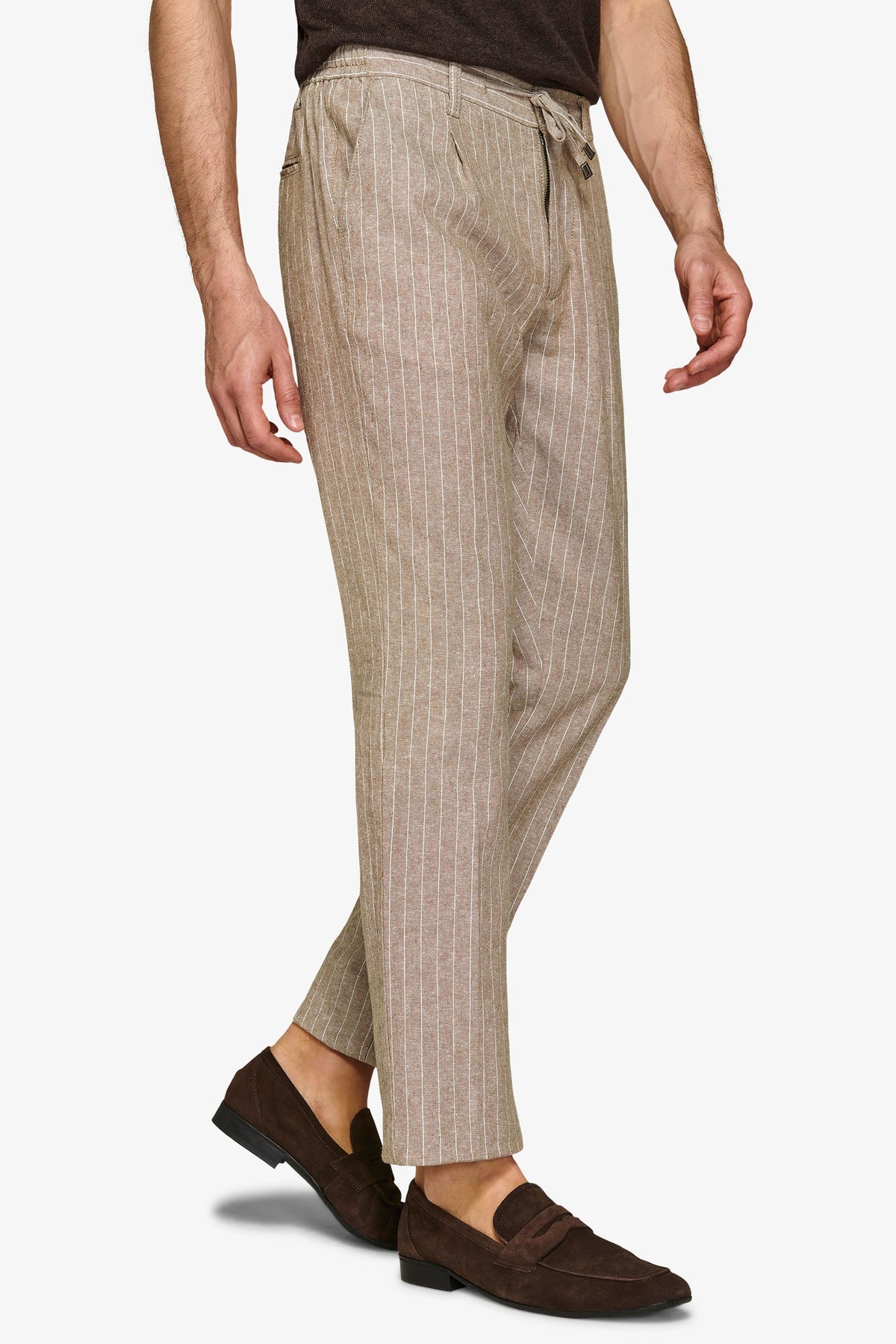 Beige pinstriped linen blend trousers
