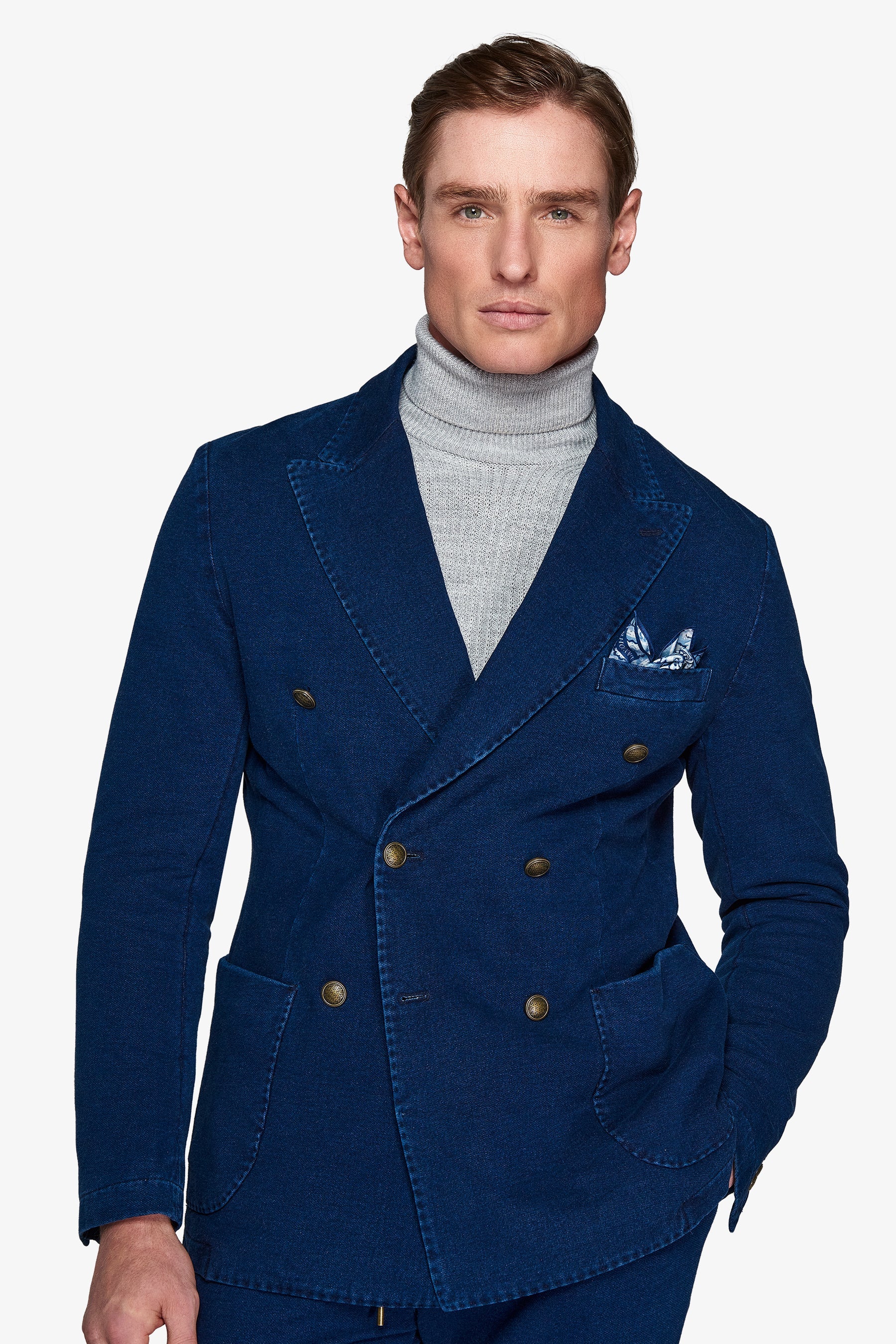 Slim navy "2/7" double-breasted suit jacket