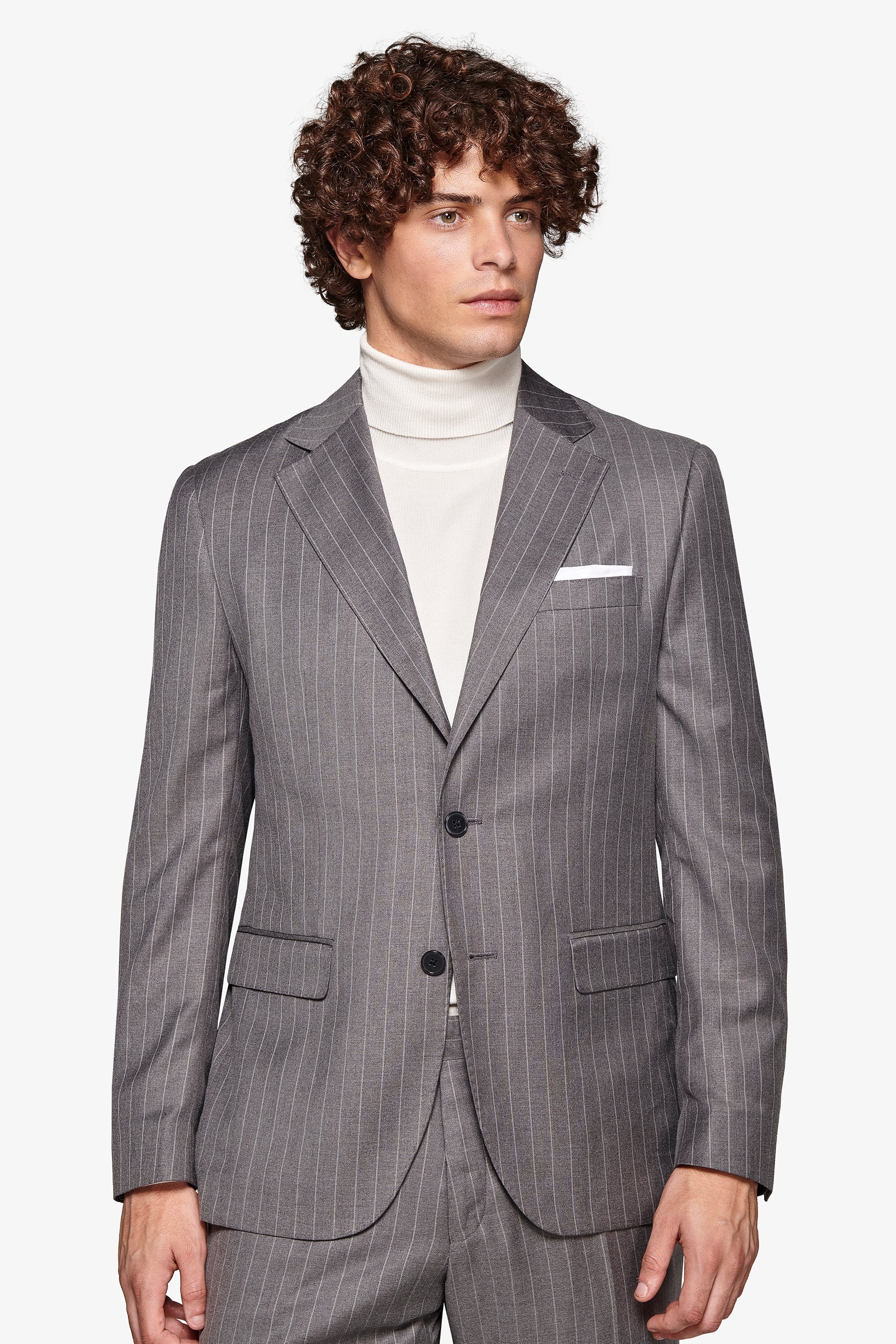 Gray pinstripe patterned suit jacket