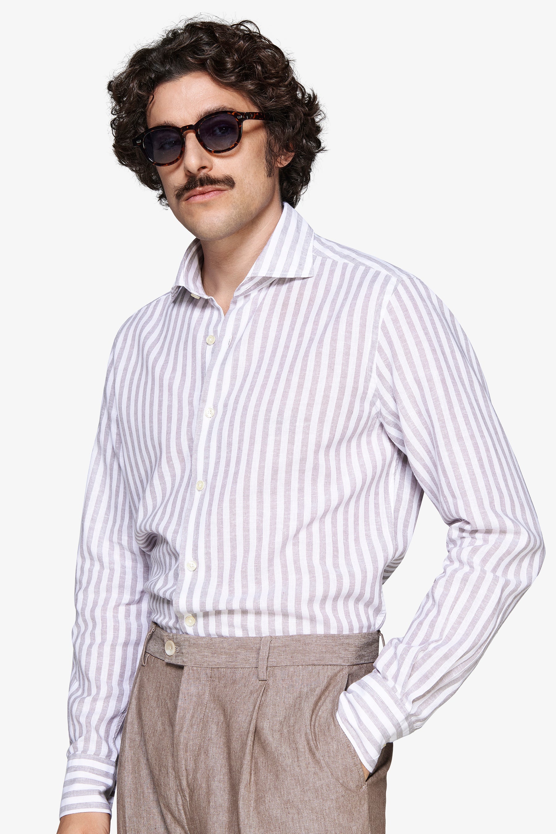 Camicia misto lino a righe tortora-Dan John