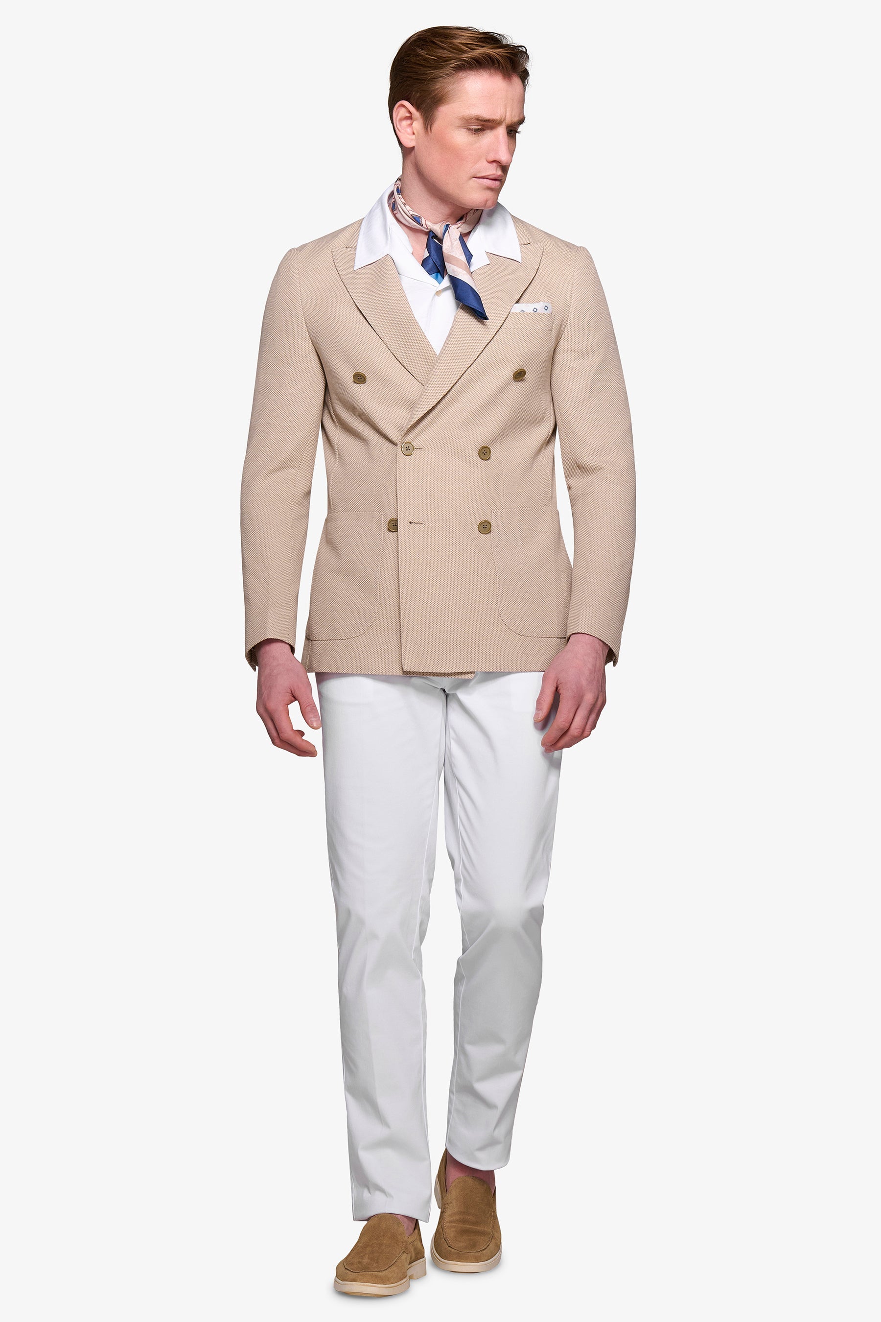 Beige double-breasted armored jersey jacket