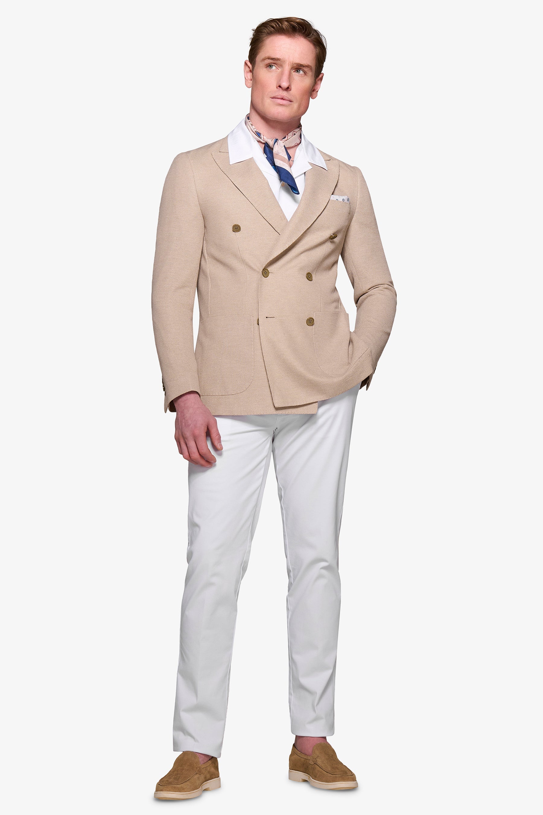 Beige double-breasted armored jersey jacket