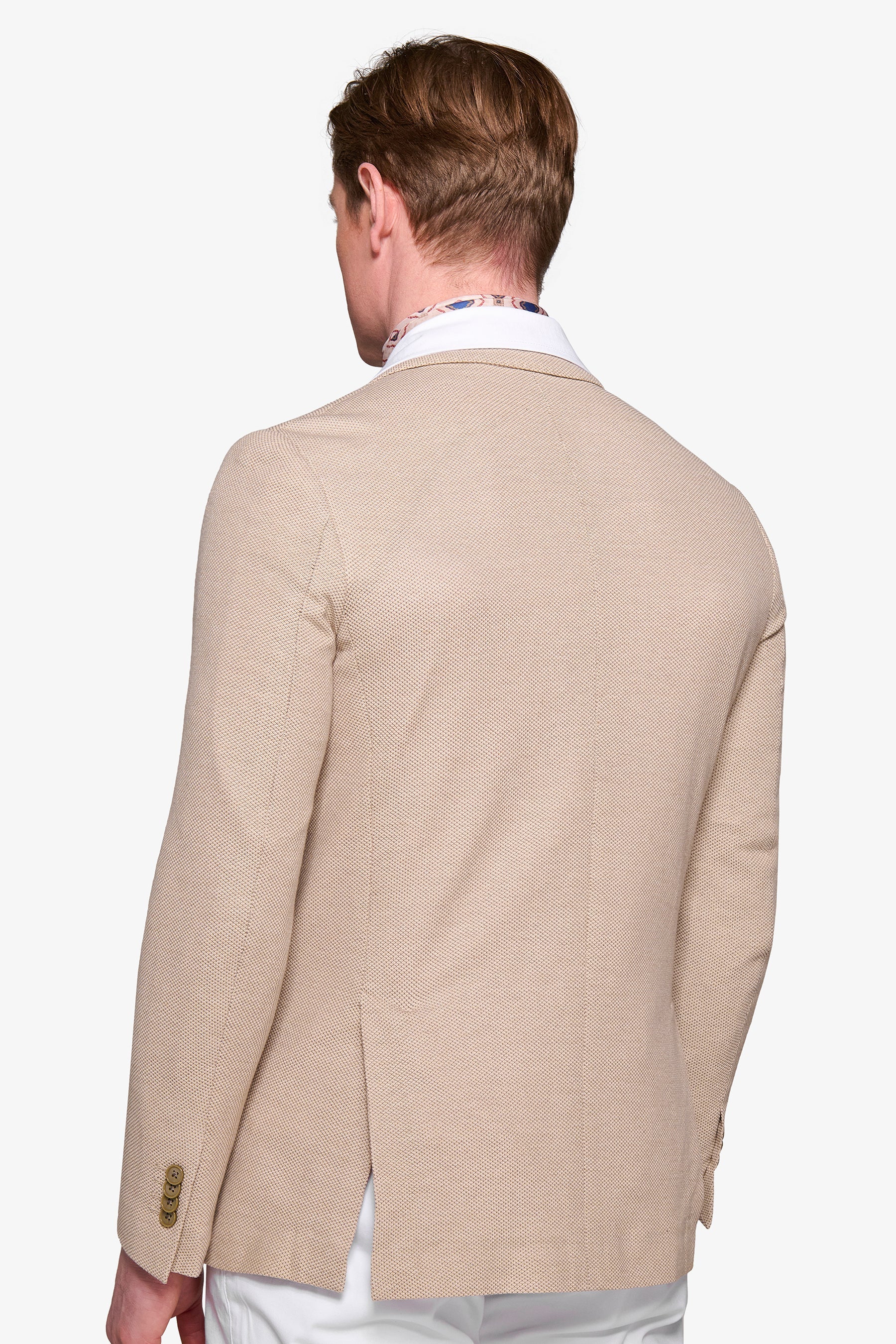 Beige double-breasted armored jersey jacket