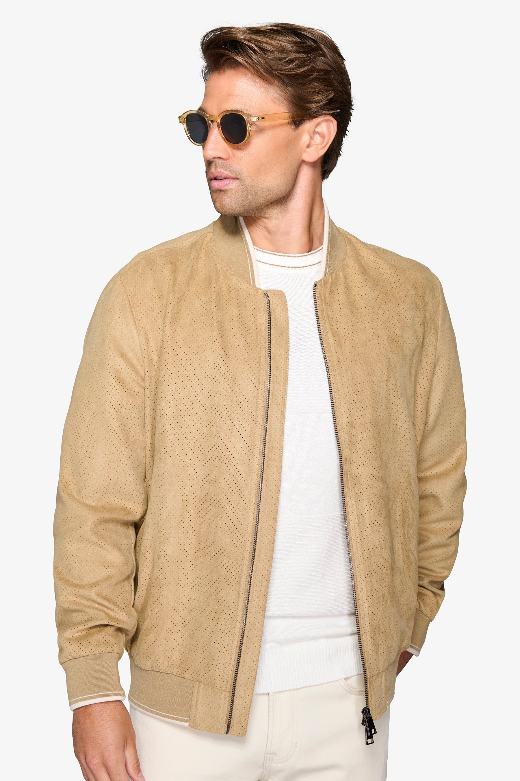 Sand perforated eco-suede bomber jacket