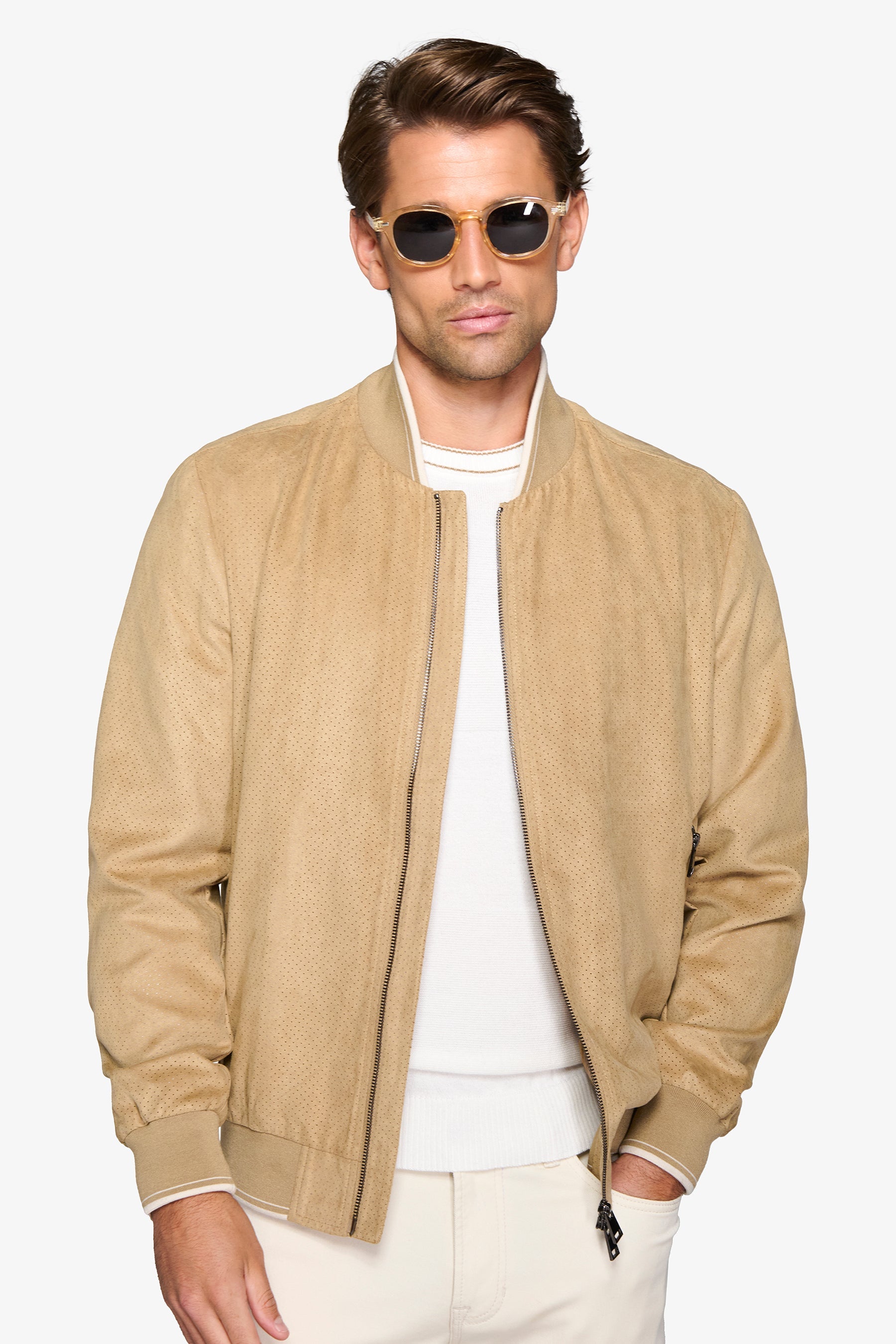 Sand perforated eco-suede bomber jacket