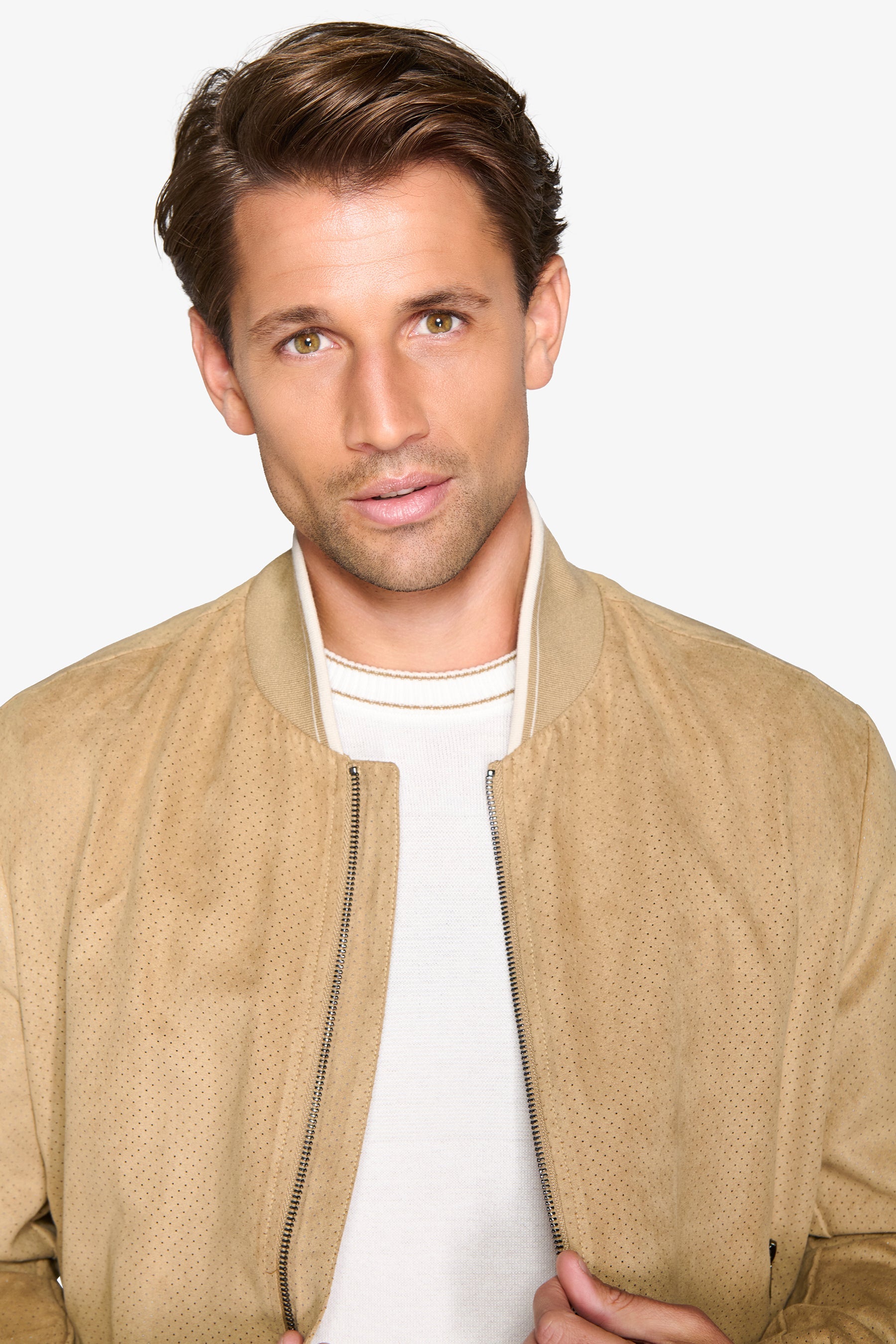 Sand perforated eco-suede bomber jacket